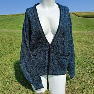Z Cavaricci Size L Large Vintage Zip-up Cardigan Sweater Teal and Black 1989 80s